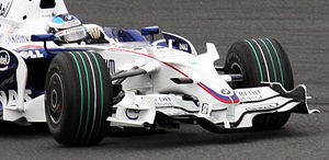A Formula 1 car in action.