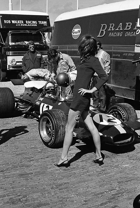 A woman in the Brabham pits.