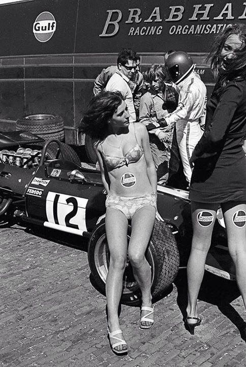 Two girls in the Brabham pits.