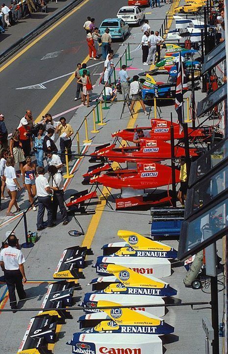 The Ferrari and Renault pits.
