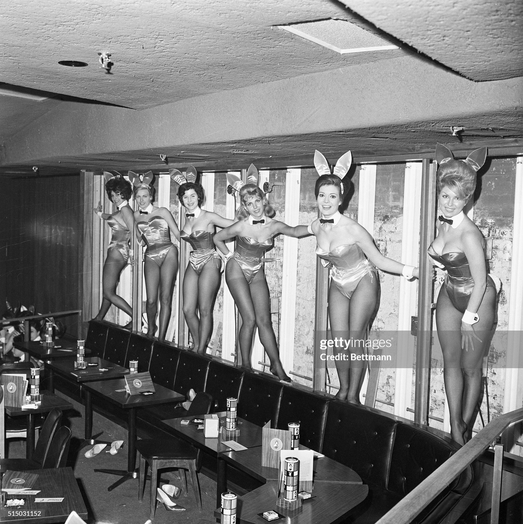 December 01.1962. Decorating the still furnished wall of the new Playboy Club in New York City are the shapely hostesses. 