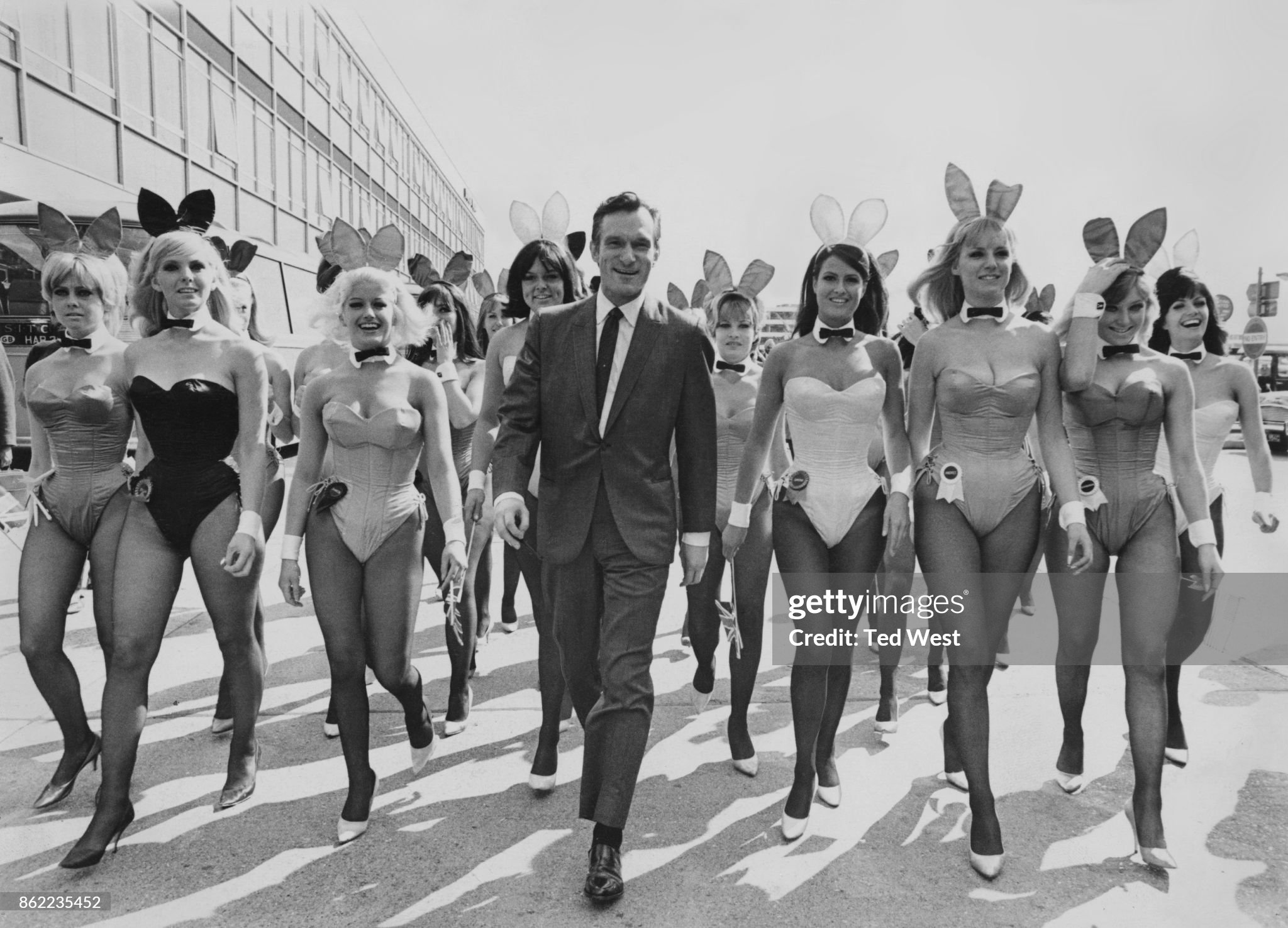 American publisher Hugh Hefner arrives at London Airport from Chicago with an entourage of Playboy Bunnies, 26th June 1966. He is in the capital for the opening of the ‘London Playboy Club’ on Park Lane. 