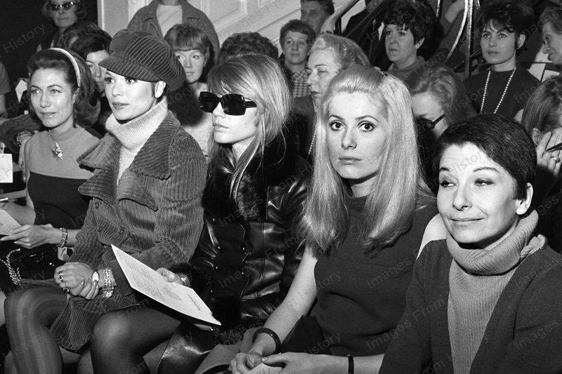 Elsa Martinelli, Françoise Hardy, Catherine Deneuve and Zizi Jeanmaire at a Yves Saint Laurent fashion show in February 1967.