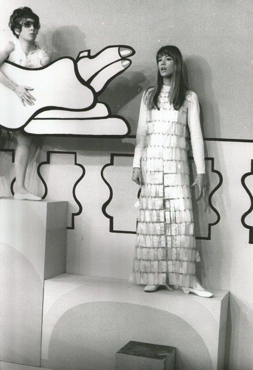 Françoise Hardy wearing Paco Rabanne for an appearance on French television in March 1967.