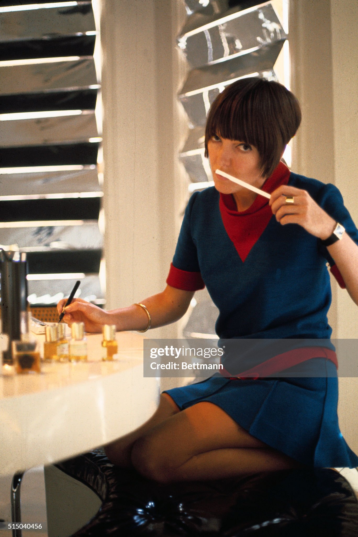 The fashion designer Mary Quant is seen at work in her studio on October 01, 1967.
