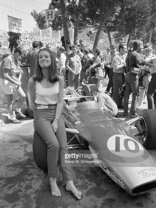 Lynn Oliver on her husband's Lotus at Monaco '68.
