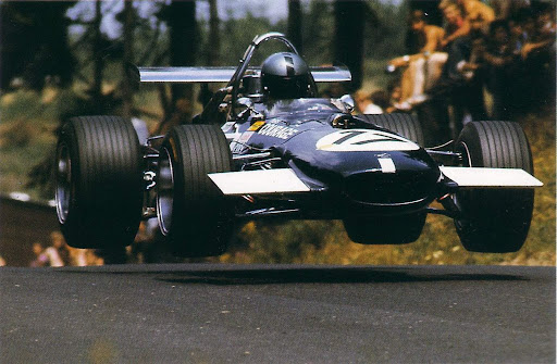 Piers Courage driving in the air at the German Grand Prix at the Nurburgring on 03 August 1969.