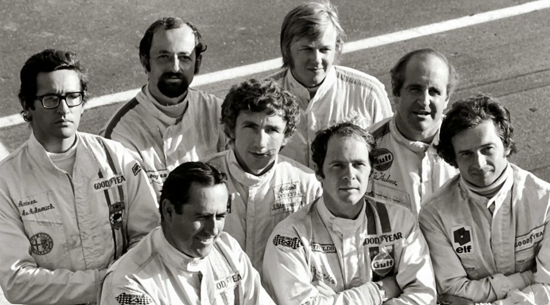 F1 World Championship. Left to right Andrea de Adamich (ITA), Henri Pescarolo (FRA), Jack Brabham (AUS), Rolf Stommelen (GER), Ronnie Peterson (SWE), Peter Gethin (GBR), Denny Hulme (NZL) and Jean-Pierre Beltoise (FRA) at the Canadian Grand Prix on 20 September 1970.