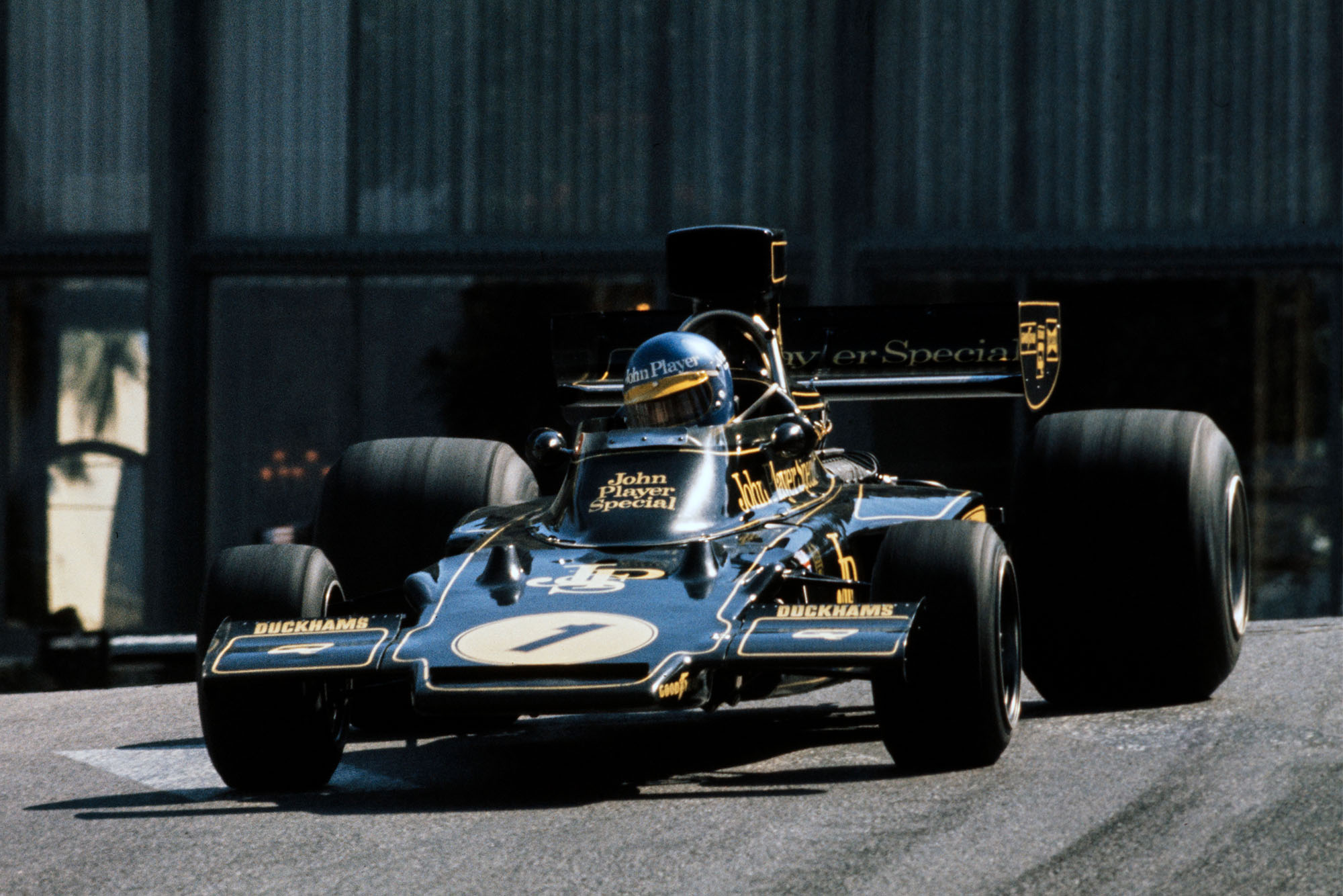 Ronnie Peterson pushing his Lotus on to victory at the 1974 Monaco Grand Prix.