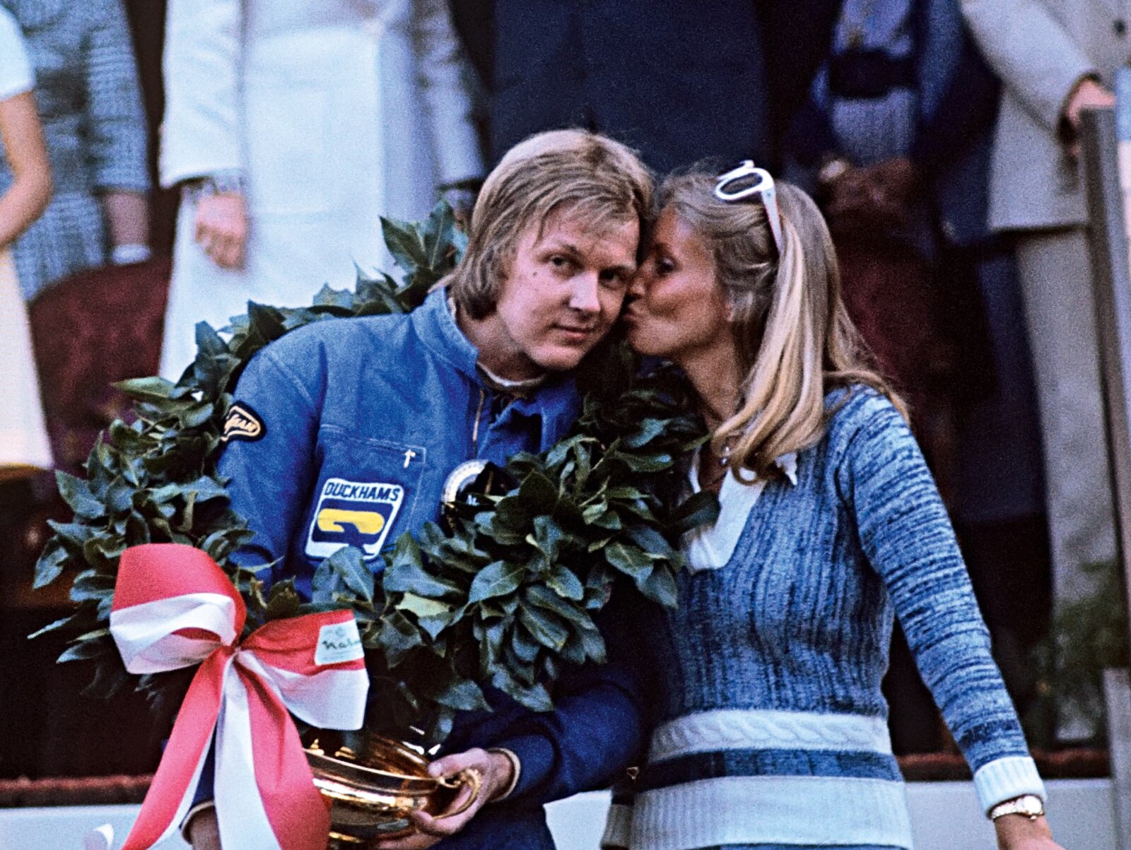 Ronnie Peterson and his wife Barbro celebrating victory in the 1974 Monaco Grand Prix.
