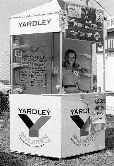 Yardley Team McLaren souvenir kiosk in 1974 at Brands Hatch.