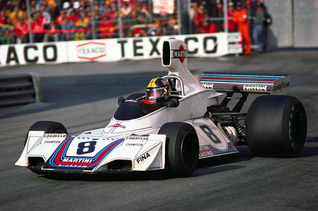 The first F1 car in Martini colors was the Brabham BT44B in 1975, here seen in Monaco driven by Carlos Pace.