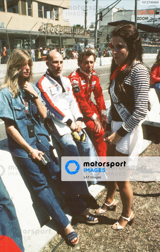 Stirling Moss and Jochen Mass, McLaren Ford, with Miss U.S. Grand Prix West on 03 April 1977. 