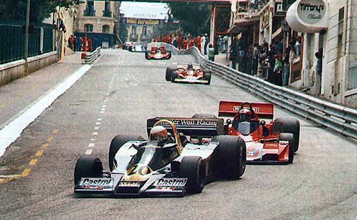 Jody Scheckter, Wolf WR1 Ford, leads John Watson, Brabham BT46 Alfa Romeo and Gilles Villeneuve, Ferrari, at the Monaco Grand Prix on 22 May 1977.