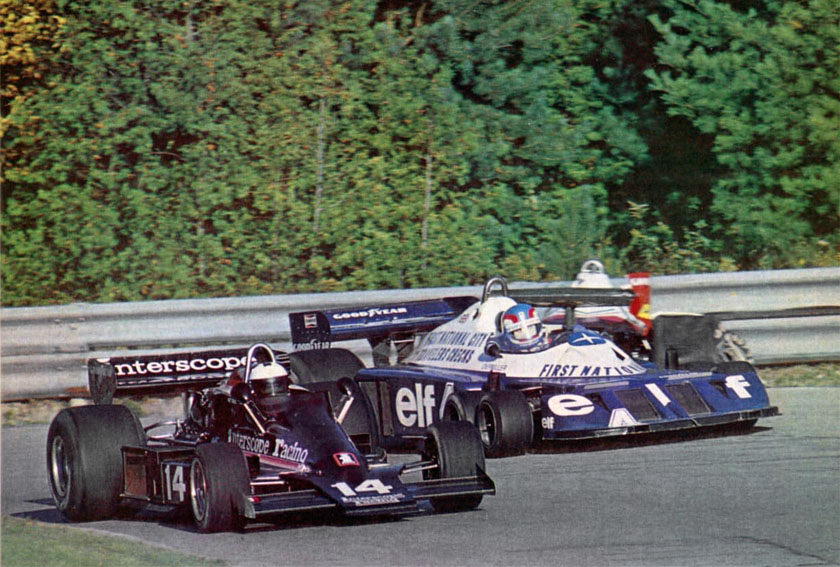 Patrick Depailler, Tyrrell P34 Ford, with Danny Ongais, Interscope racing Penske PC4 Ford, at the Canadian GP in Mosport on 09 October 1977.