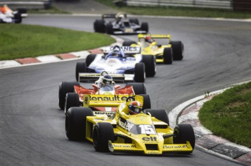 Jean-Pierre Jabouille, Renault RS01, leads Carlos Reutemann, Ferrari 312T3 and Jacques Laffite, Ligier JS9 Matra, at the Austrian GP on 13 August 1978. 