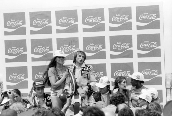 Jacques Laffite on the podium at the Brazilian Grand Prix in Interlagos, Sao Paulo, on 04 February 1979.