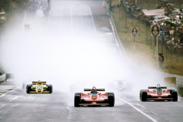 The Ferraris leading the 1979 South African Grand Prix in Kyalami on 03 March 1979.