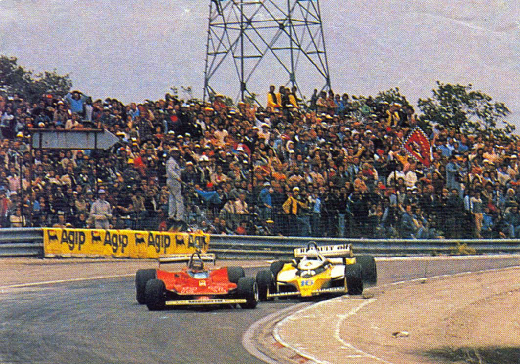 Gilles Villeneuve, Ferrari, fighting with René Arnoux, Renault, at the France Grand Prix in Dijon – Prenois on 01 July 1979.