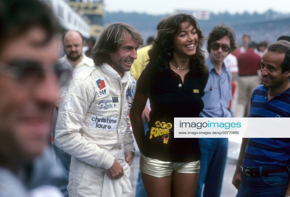 Jacques Laffite, Ligier Ford, with an ATS Formula 1 promotion girl at the German Grand Prix in Hockenheim on 29 July 1979.