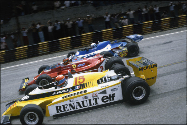 Jean Pierre Jabouille, Renault, Gilles Villeneuve, Ferrari, Didier Pironi, Ligier, at the Brazilian Grand Prix in Interlagos on 27 January 1980.