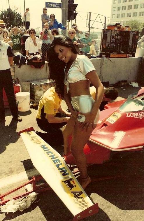 A pit babe and Jody Scheckter’s Ferrari in 1980.