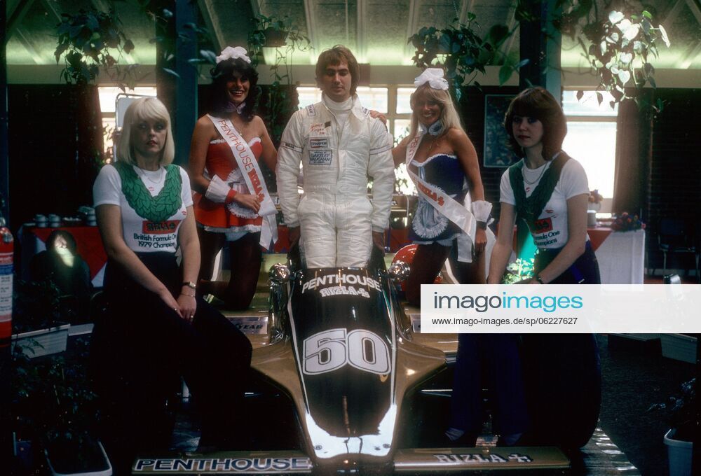 Rupert Keegan surrounded by Rizla Penthouse promogirls at Brands Hatch on 13 July 1980.