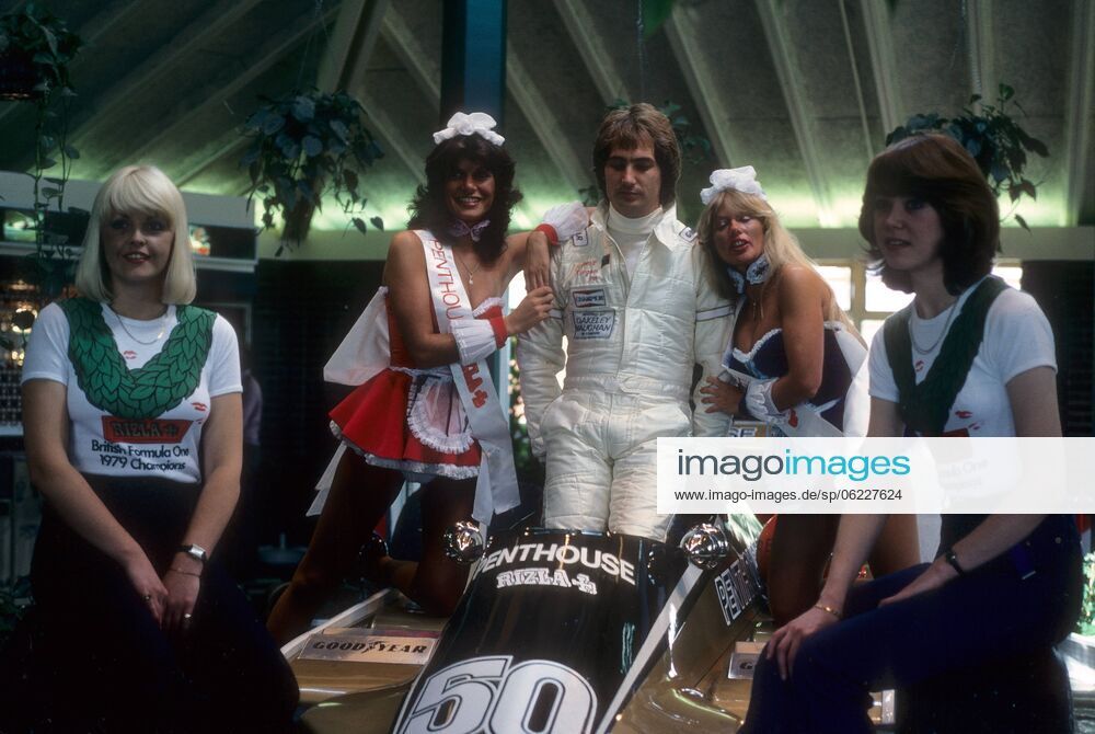 Rupert Keegan surrounded by Rizla Penthouse promogirls at Brands Hatch on 13 July 1980.