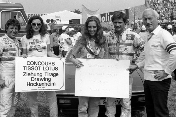 Mario Andretti, Lotus, Elio de Angelis, Lotus, Colin Chapman, Lotus Team, at the German Grand Prix in Hockenheim on 10 August 1980. 