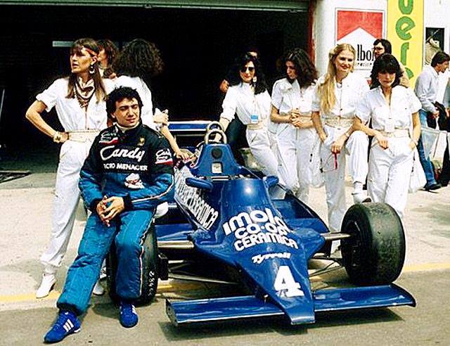 Michele Alboreto with some girls at the Gran Premio di San Marino in Imola, Italy, on 03 May 1981.