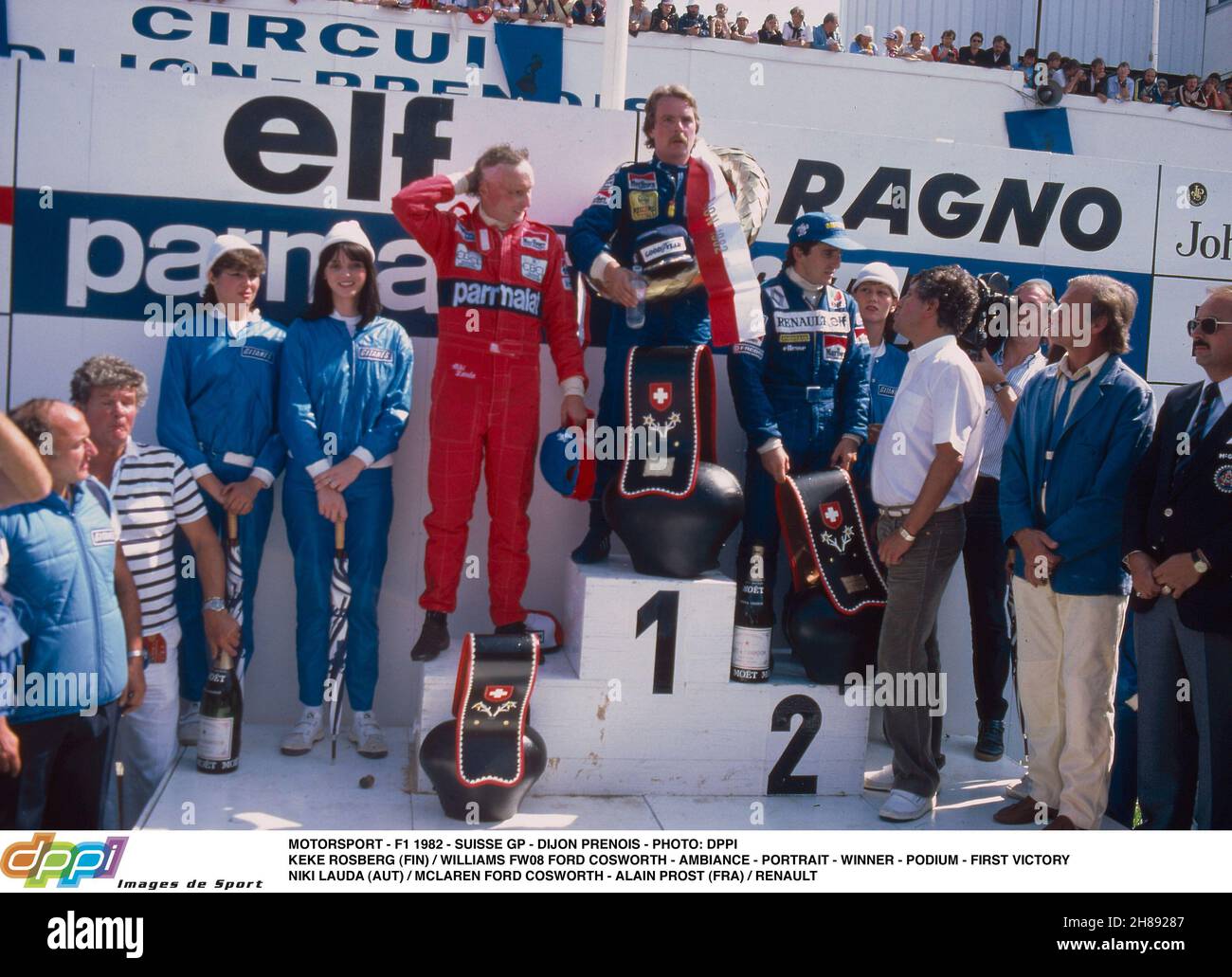 The podium of the Swiss Grand Prix in Dijon on 29 August 1982 with Keke Rosberg, Williams, Alain Prost, Renault, Niki Lauda, McLaren Ford.
