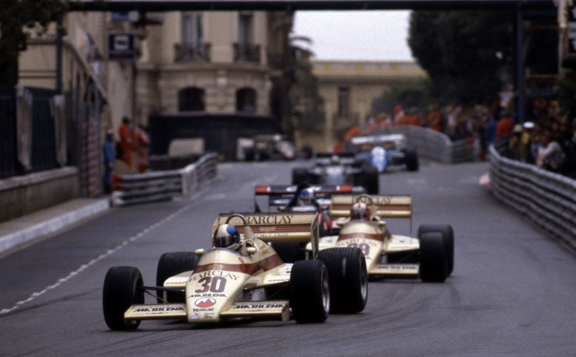 Chico Serra, Arrows A6 Ford Cosworth, leads teammate Marc Surer at Monaco on 15 May 1983. 