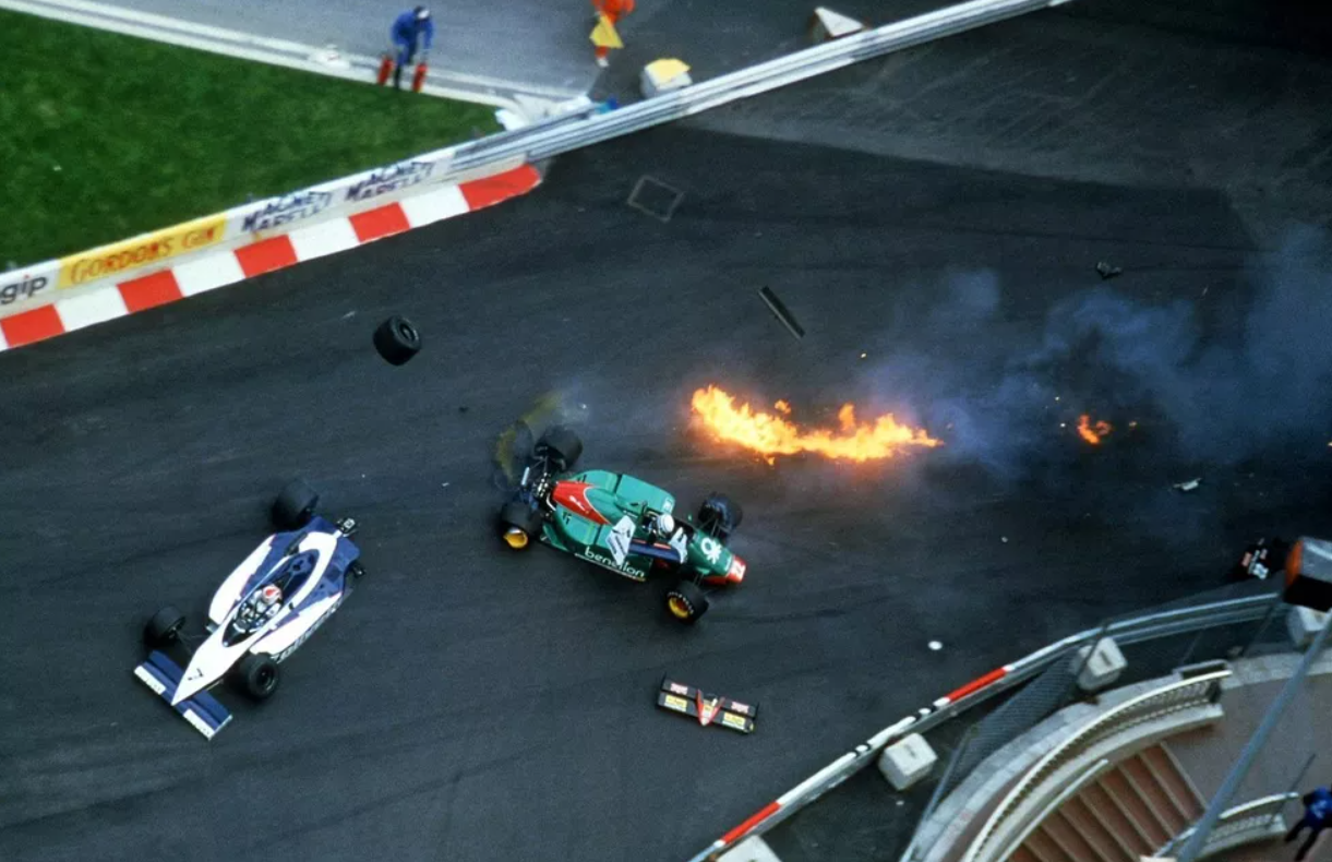 Nelson Piquet [in the Brabham] and Riccardo Patrese [in the Alfa Romeo] had this dramatic accident on the way into Saint Devote at the Monaco Grand Prix in Monte Carlo on 19 May 1985.