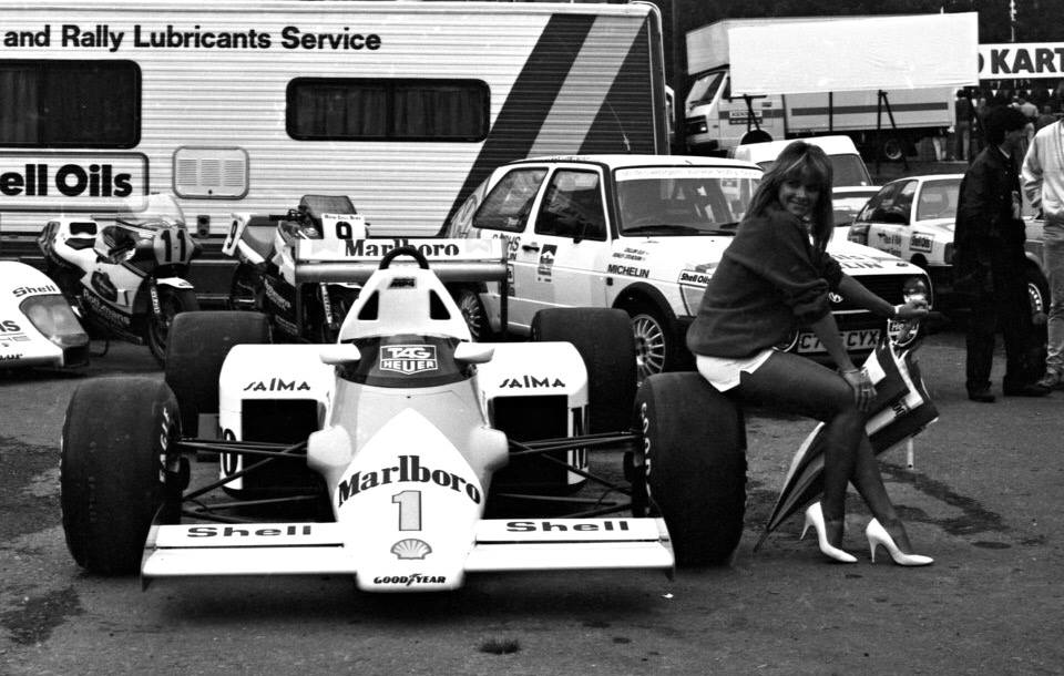 A girl on a McLaren at Brands Hatch, Longfield, Kent, England, on 13 July 1986.