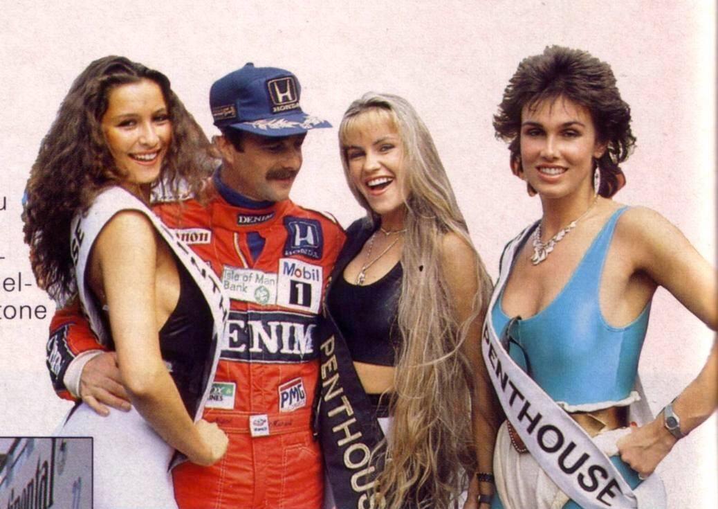 Nigel Mansell, Williams, with three Penthouse promotion girls in 1987.