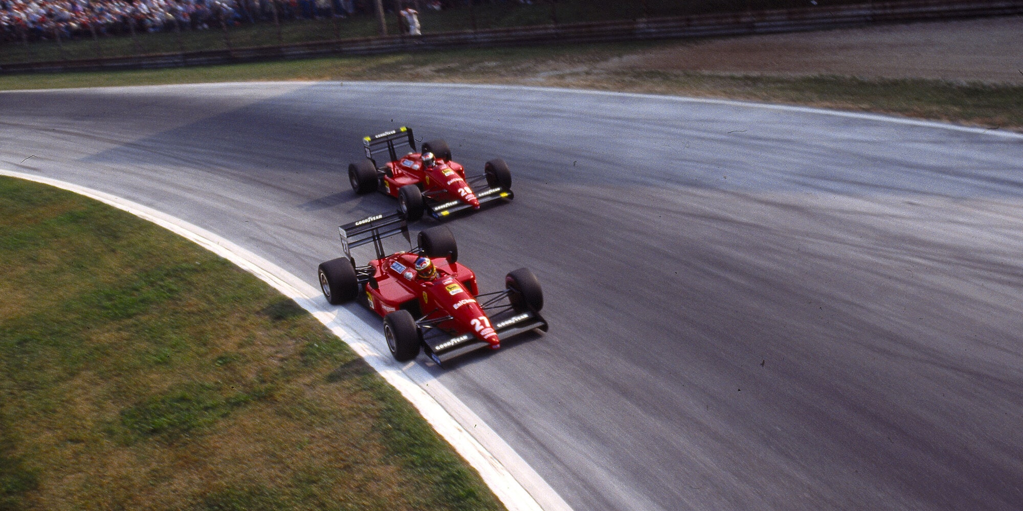 Gerhard Berger and Michele Alboreto, Ferrari F187, at the Italian GP in Monza on 11 September 1988.