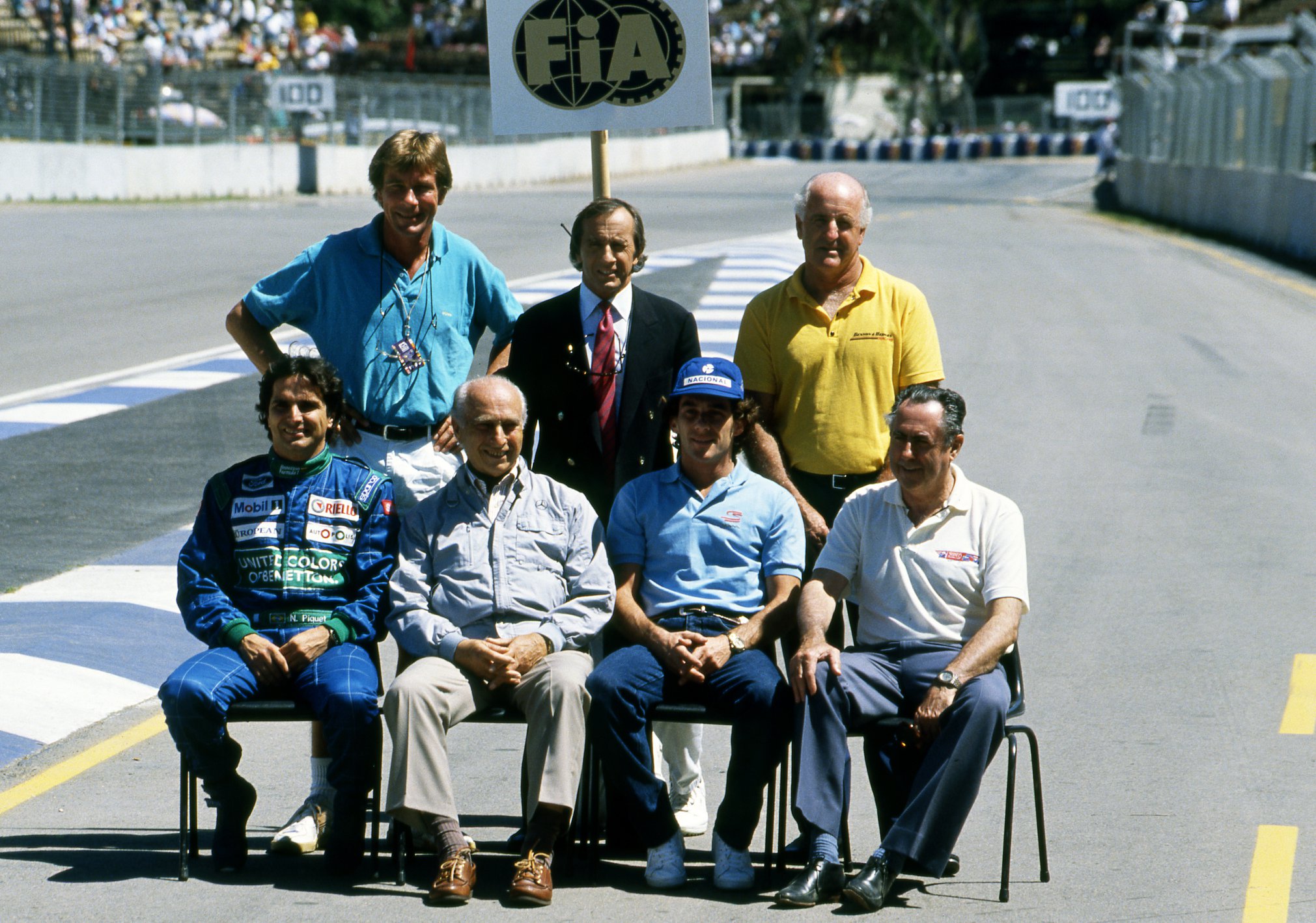 Jack Brabham joins F1 World Champions James Hunt, Jackie Stewart, Denny Hulme, Nelson Piquet, Juan Manuel Fangio and Ayrton Senna to mark the 500th event to count for the World Championship at the Australian Grand Prix in Adelaide on 04 November 1990.