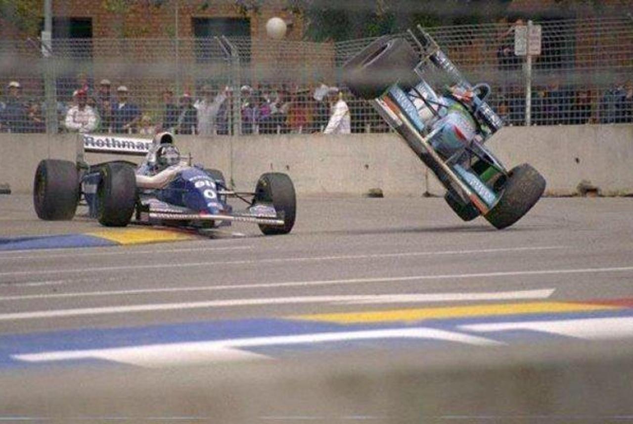 The crash between Michael Schumacher and Damon Hill at the Australian Grand Prix on 13 November 1994.