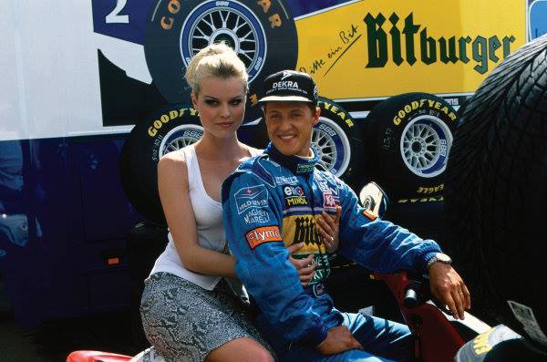 Michael Schumacher, Benetton, with Eva Herzigova at the Spanish Grand Prix in Barcelona, Spain, on 14 May 1995. 