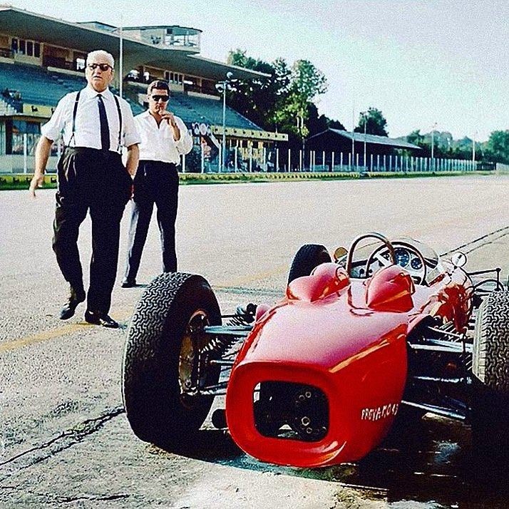 Enzo Ferrari and Franco Gozzi at Monza in 1961 testing the 156.