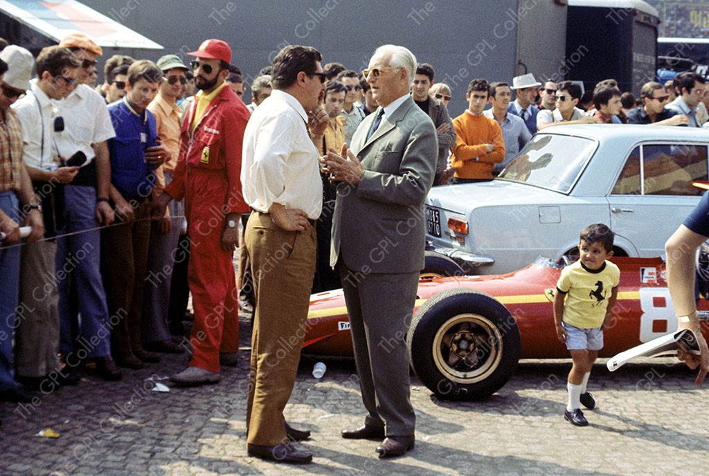 Franco Gozzi and Enzo Ferrari at the practice of 1969 Italian GP in Monza.