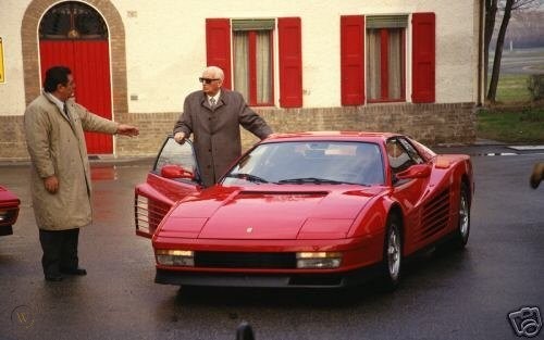 Publicity photo of Franco Gozzi and Enzo Ferrari in 1988 at the factory.