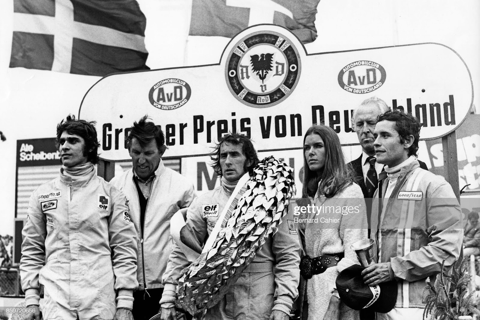 Francois Cevert, Ken Tyrrell, Jackie Stewart, Helen Stewart, Prince Metternich, Jacky Ickx, Grand Prix of Germany, Nurburgring, August 05, 1973.