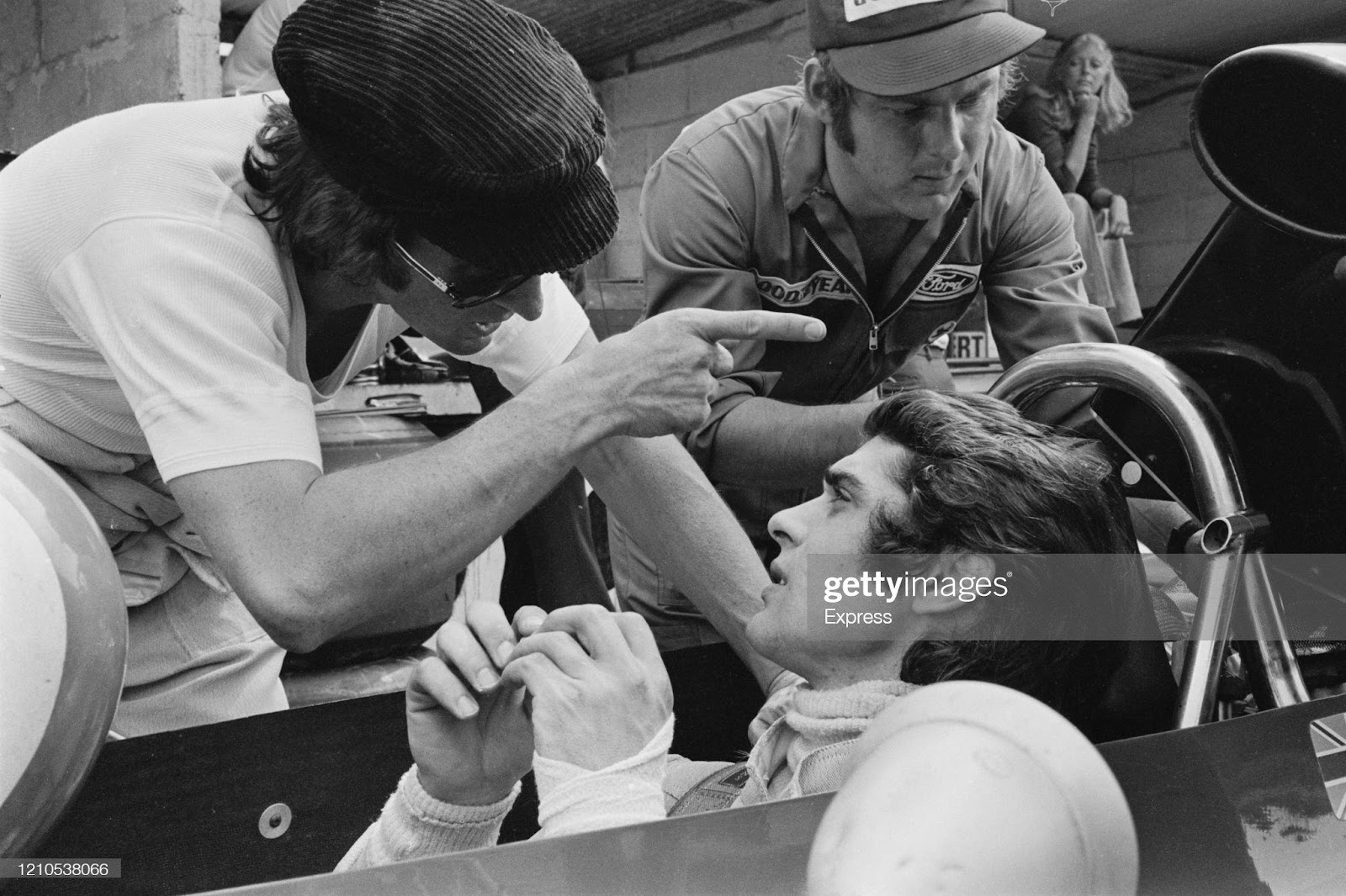 Jackie Stewart in conversation with his Tyrrell teammate Francois Cevert during practice for the 1972 British Grand Prix at the Brands Hatch motor racing circuit in West Kingsdown, Kent, England, 12th July 1972.