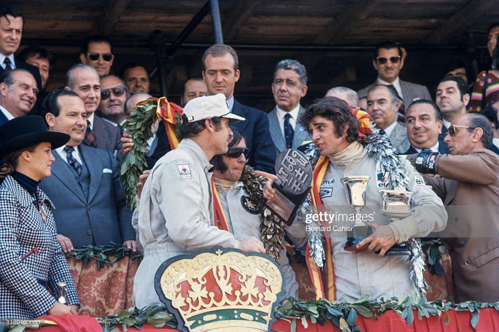 Emerson Fittipaldi, George Follmer, François Cevert, Juan Carlos King of Spain, Grand Prix of Spain, Montjuic circuit, Barcelona, 29 April 1973.