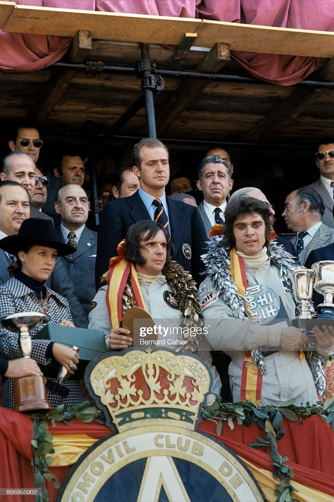 Maria Helena Fittipaldi, Juan-Carlos King of Spain, Emerson Fittipaldi, François Cevert, Grand Prix of Spain, Montjuic circuit, Barcelona, 29 April 1973.