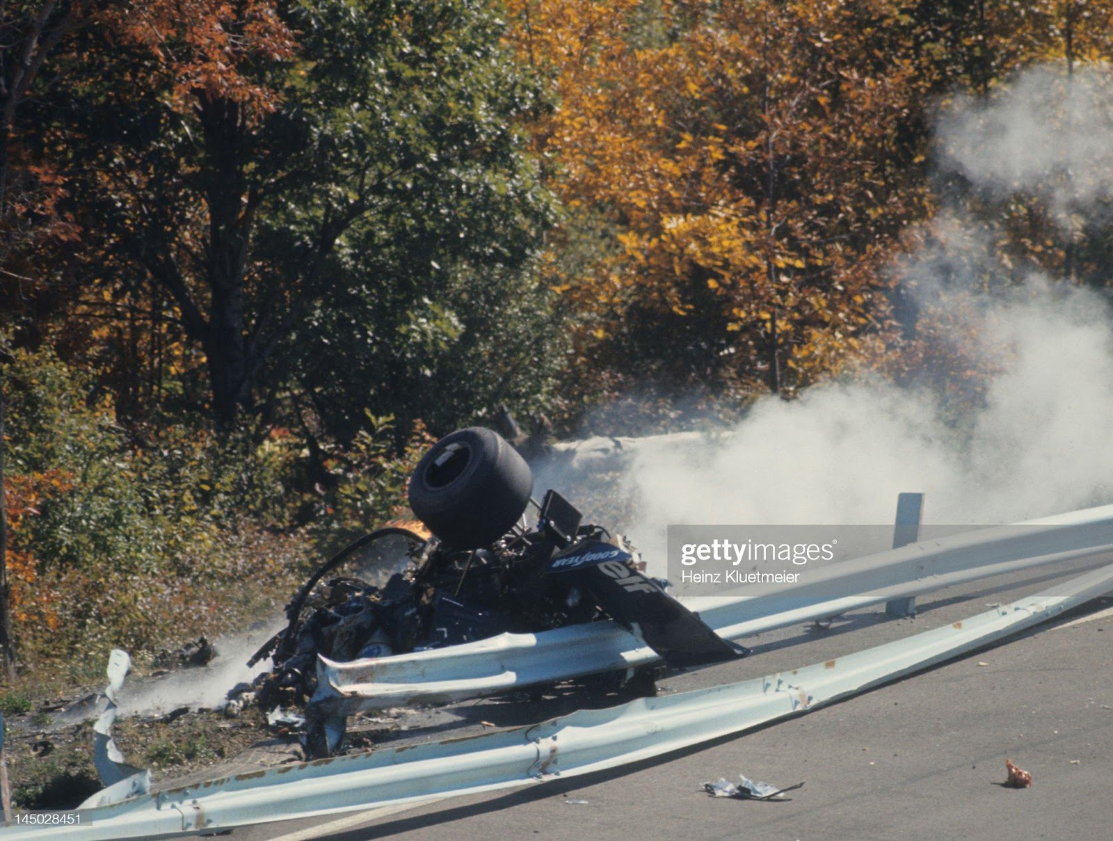 Overall view of guardrail collision that killed Francois Cevert (6) during Saturday morning trials session at Watkins Glen Grand Prix Race Course.