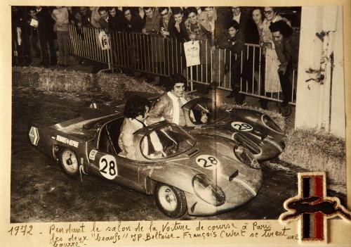 Francois Cevert and Jean Pierre Beltoise driving micro cars.