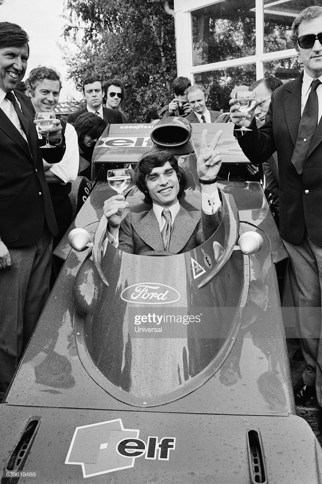 Baptism of the new Formula One Tyrell-Ford by French driver Francois Cevert on June 09, 1972.