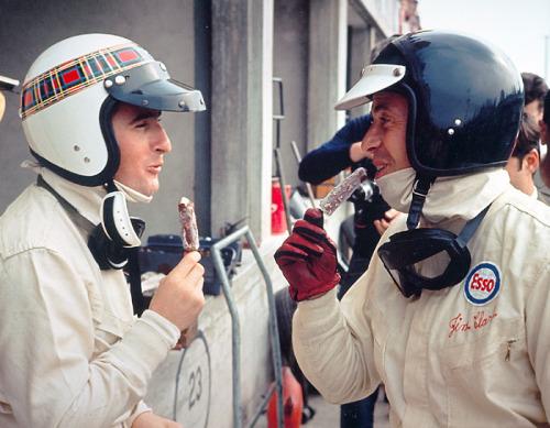 Jackie Stewart with a fellow driver.